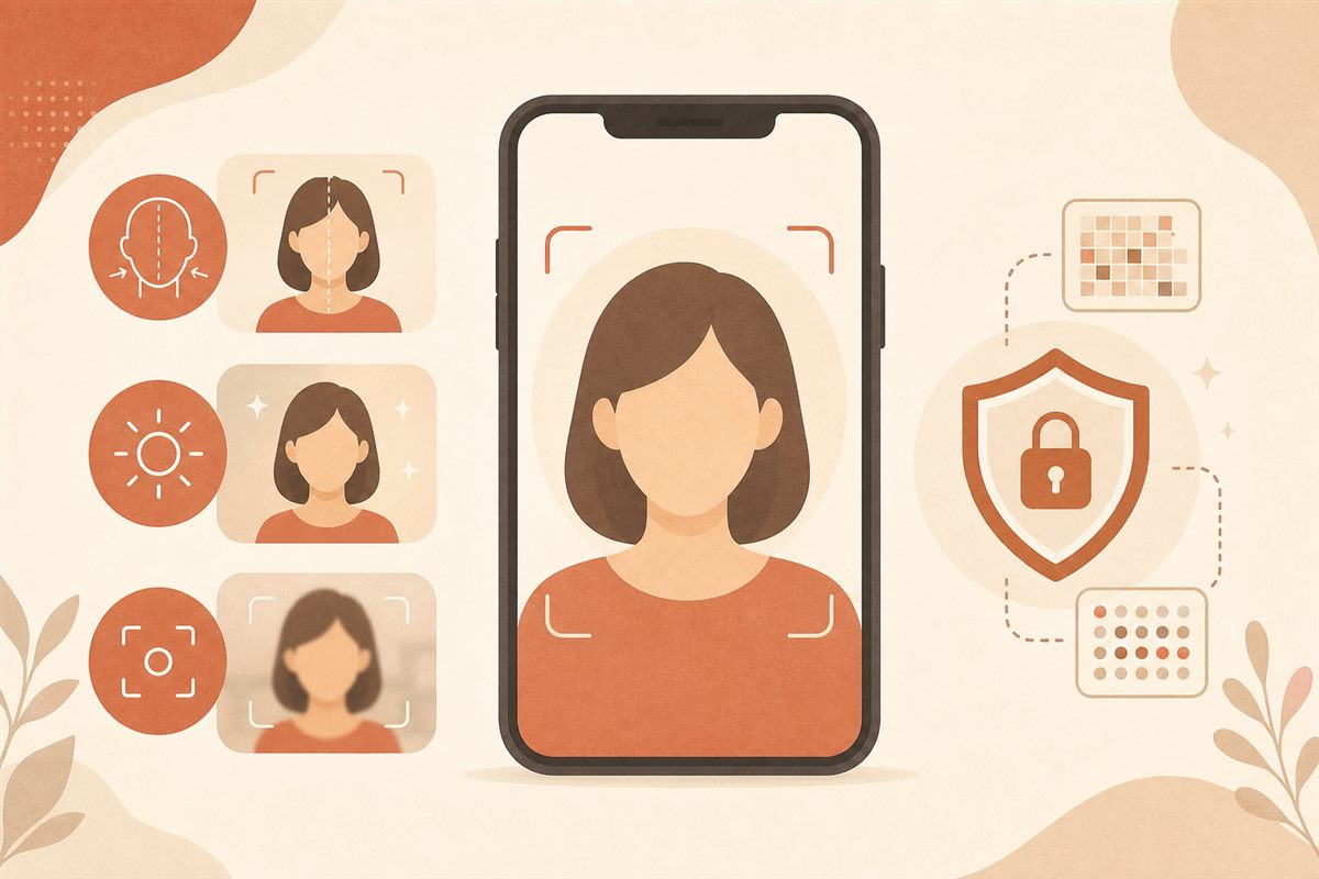 정면 사진, 밝은 조명, 선명한 초점과 브라우저 내 분석을 안내하는 일러스트
